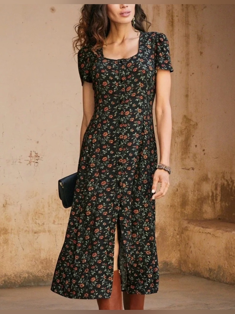 Peruvian Connection Desert Rose Floral Black Midi Dress Size 8 Boho Feminine
